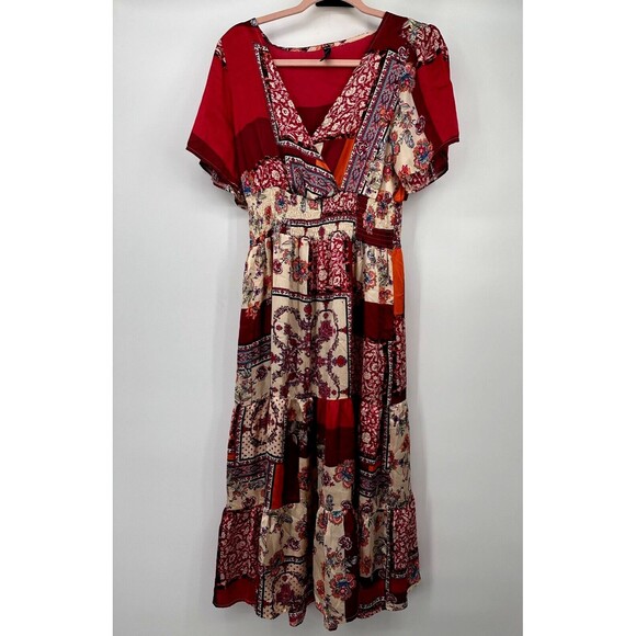 Lapis Tiered  satin sof Maxi Dress Size L Floral Patchwork Shirred Elastic Waist - Picture 1 of 10
